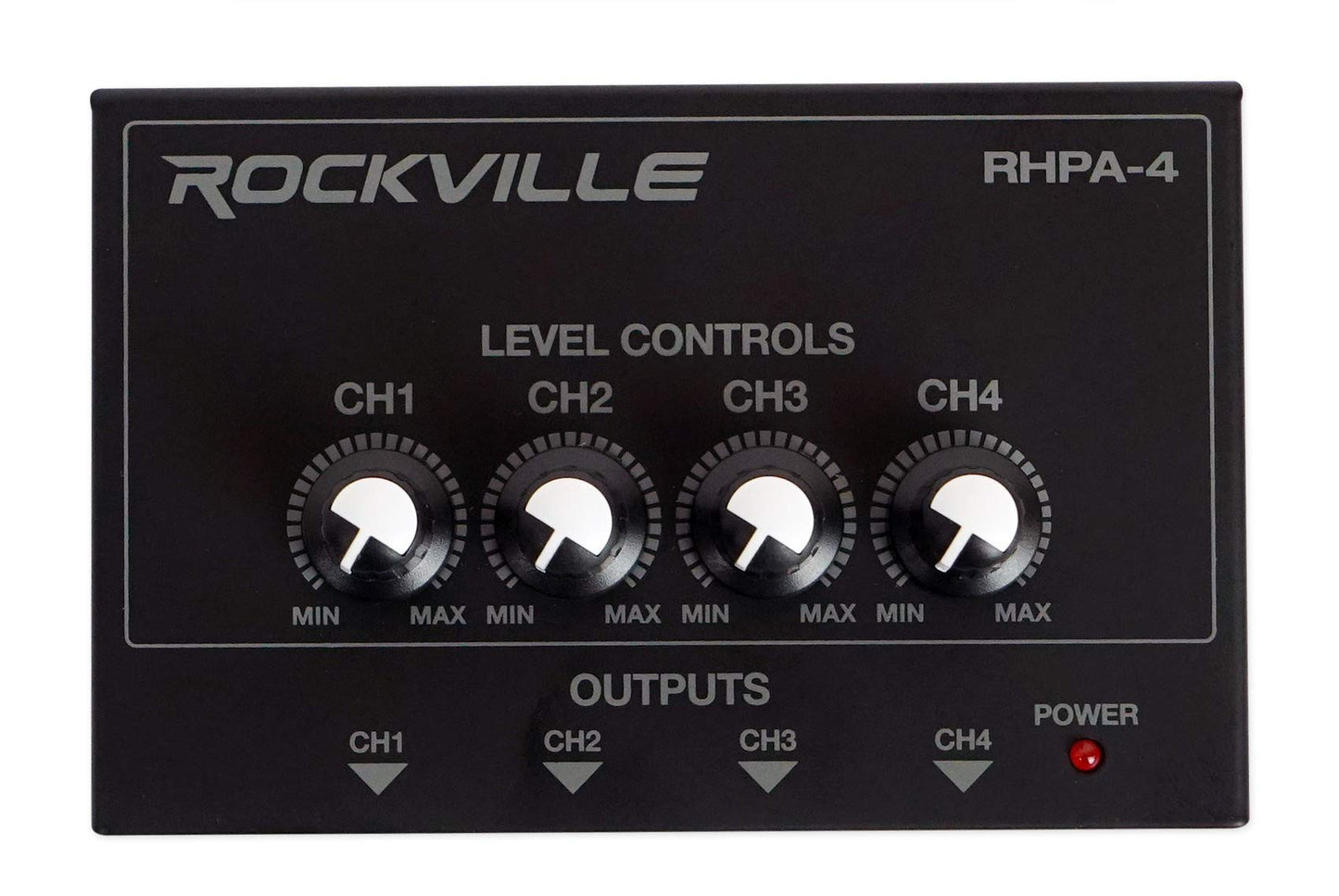 Rockville RHPA4 4-Channel Headphone Amplifier, Stereo/Mono Switch, Dual 1/4" and 3.5mm Outputs per Channel, USB Power, for Studio and Podcast