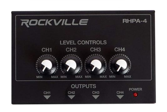 Rockville RHPA4 4-Channel Headphone Amplifier, Stereo/Mono Switch, Dual 1/4" and 3.5mm Outputs per Channel, USB Power, for Studio and Podcast