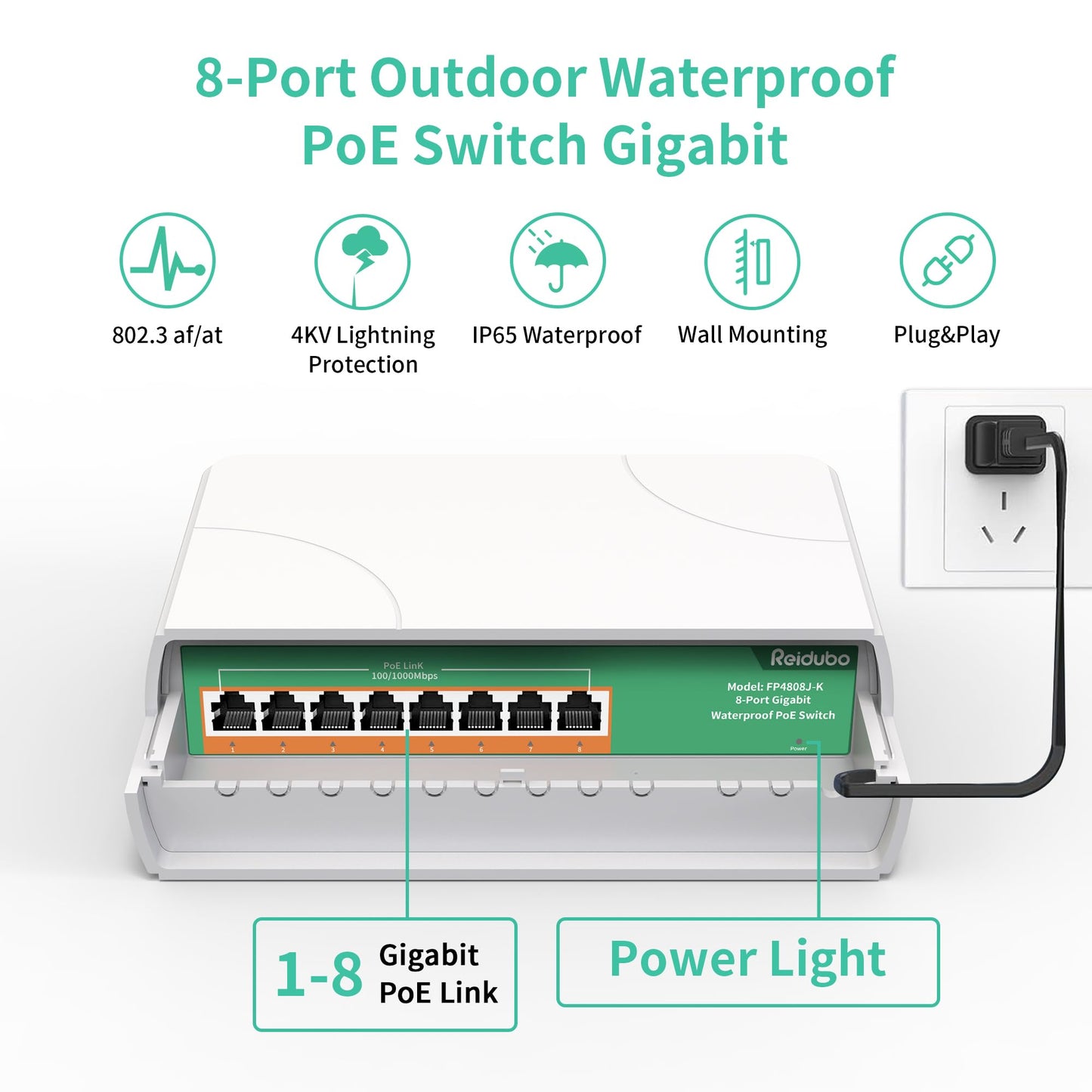 Reidubo 8 Port Gigabit PoE Switch Waterproof, 1000 Mbps 8 PoE+ Ports 120W, IEEE802.3af/at Power Over Ethernet Unmanaged Outdoor Network Switch, Plug