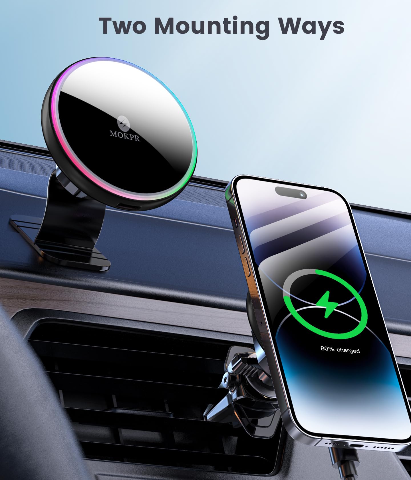 MOKPR for Magsafe Car Mount Charger-15W Wireless Car Charger-Magnetic Car Phone Holder for Dash Air Vent-LED RGB HandsFree Car Mount Fast Car Charger