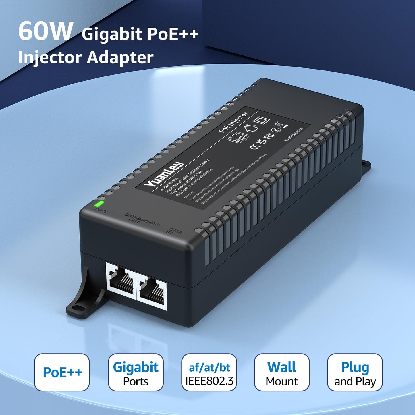 YuanLey Gigabit PoE Injector 60W, PoE++ Injector Converts Non-PoE to PoE++ Network, IEEE 802.3at/af, 10/100/1000Mbps PoE Adapter, Distances Up to 325