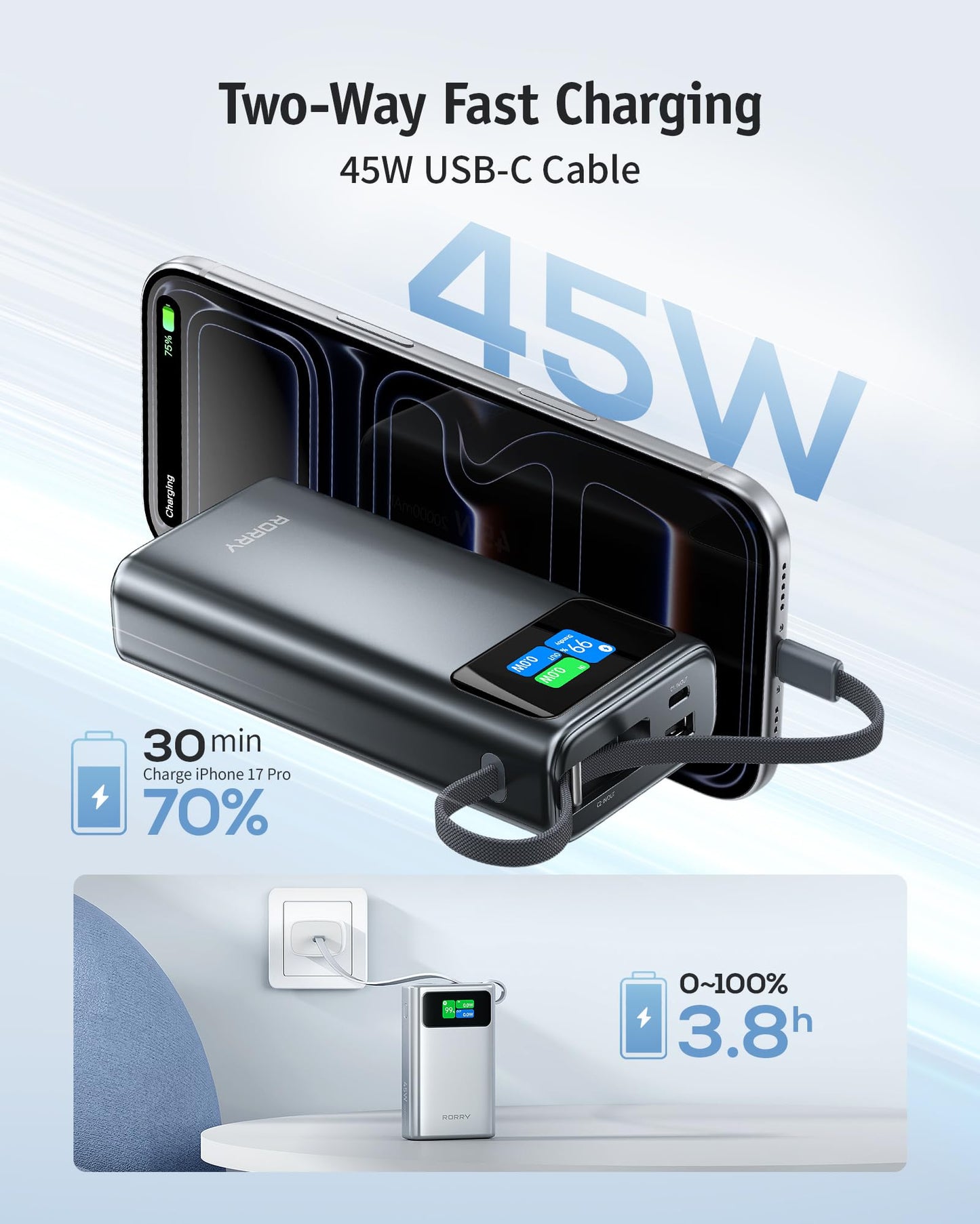 RORRY 45W Portable Charger, 20000mAh Power Bank Fast Charging with Extended Built-in USB C Cable, Travel Battery Pack for iPhone 17/16/15, Samsung