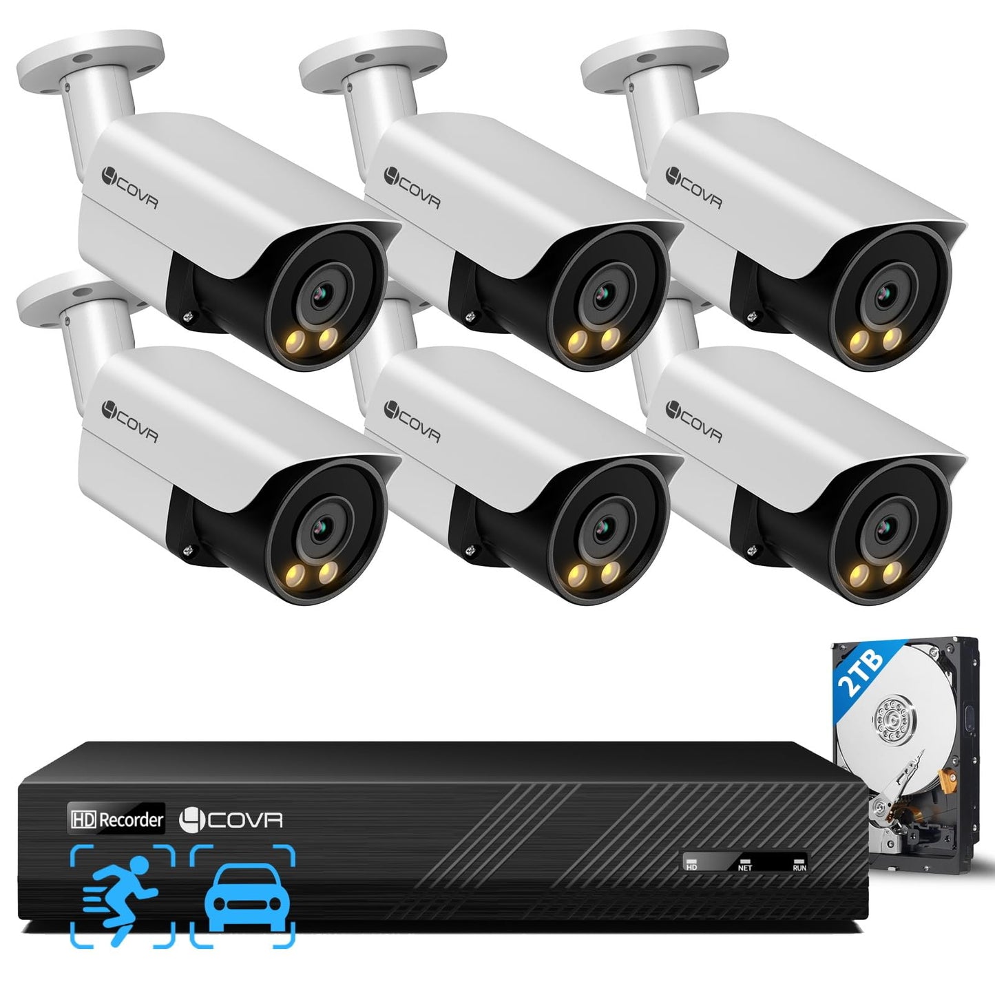 4COVR PoE Security Camera System, 2 Way Audio Talk & Smart Color Night Vision, 6X 8MP Bullet PoE IP Camera IP67 Smart Human/Vehicle Detection, 8CH 4K