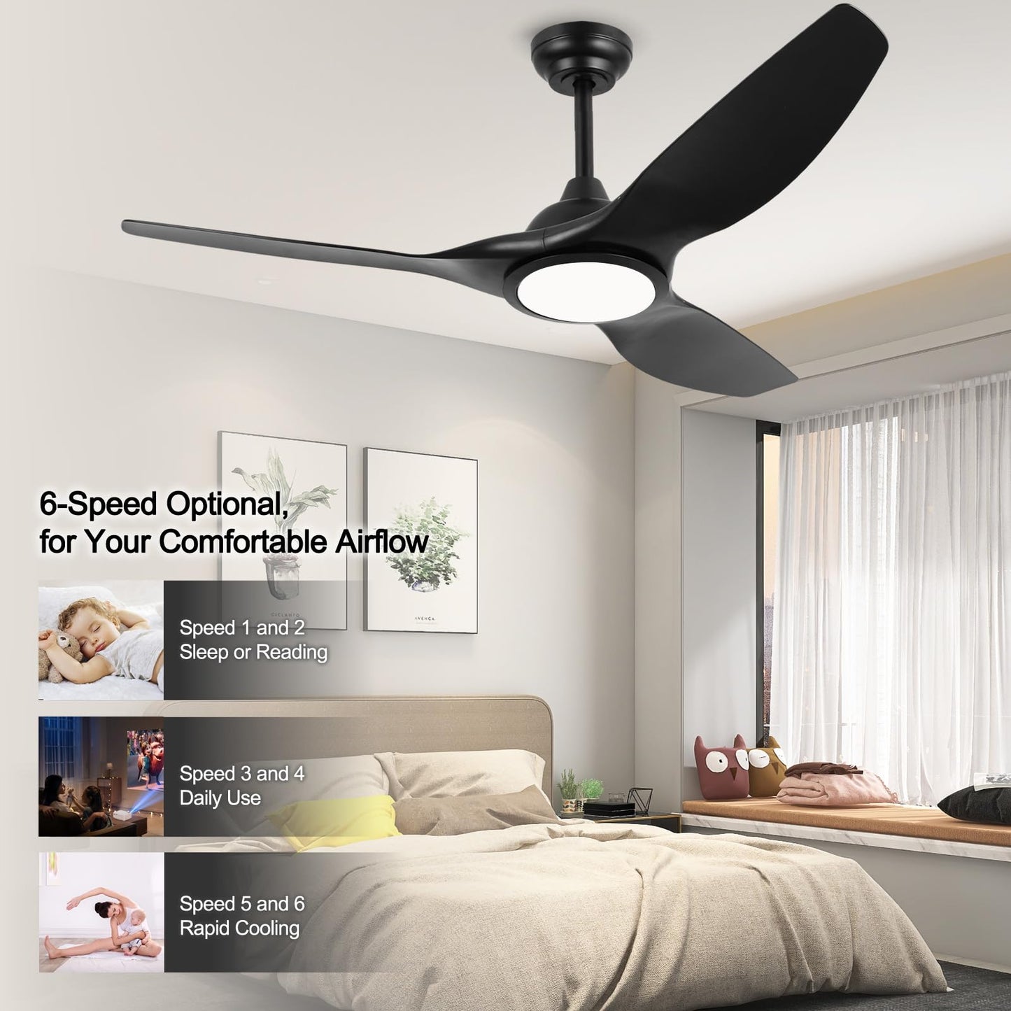 52 Inch High CFM Quiet Modern Black Ceiling Fan with Lights Remote Control