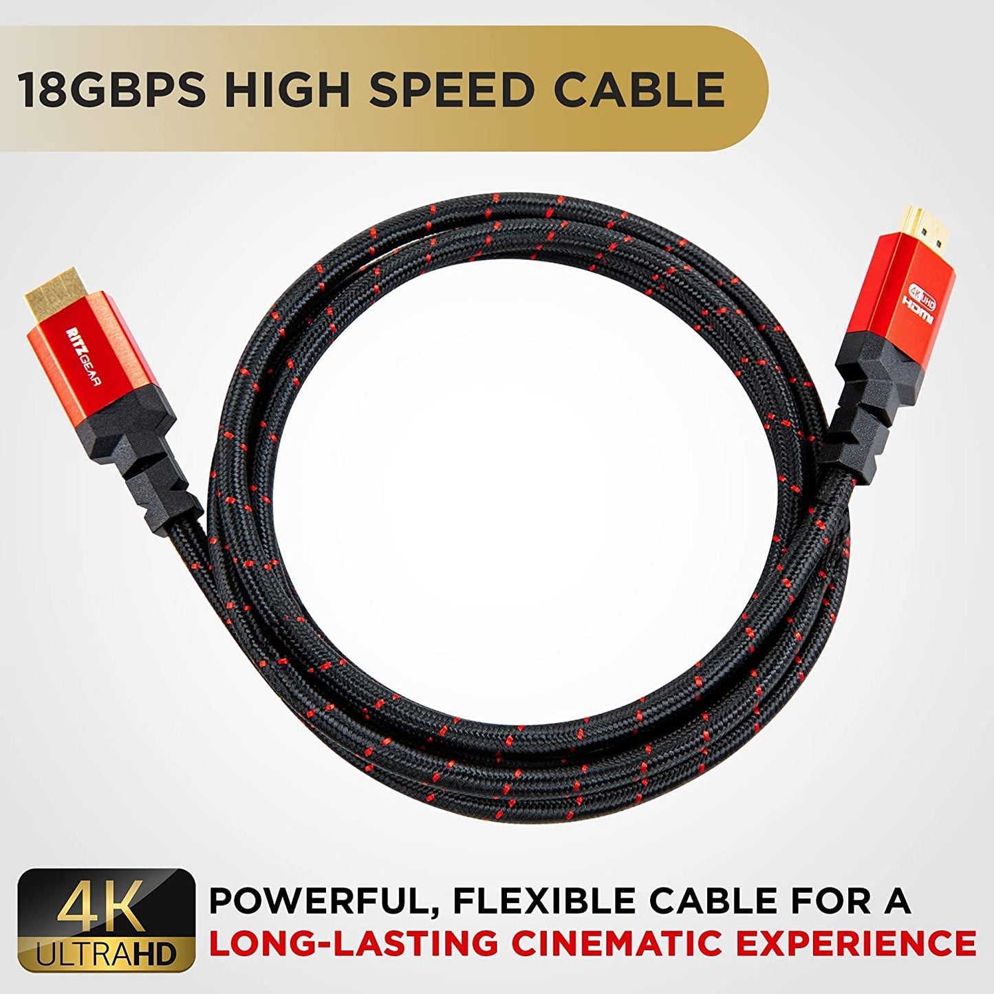 4K HDMI 2.0 Cable 4 ft. by RitzGear. 18 Gbps Ultra High Speed Braided Nylon Cord & Gold Connectors - 4K@60Hz/UHD/3D/2160p/1080p/ARC & Ethernet.