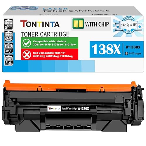 TONTINTA [with CHIP] 138X W1380X ( 138A W1380A ) Compatible Toner Cartridge High Capacity Black for 3001 3001dw MFP 3101 3101sdw 3101fdw, Not