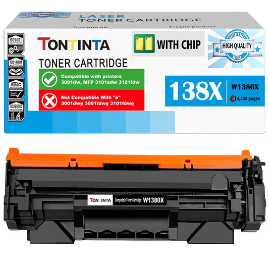 TONTINTA [with CHIP] 138X W1380X ( 138A W1380A ) Compatible Toner Cartridge High Capacity Black for 3001 3001dw MFP 3101 3101sdw 3101fdw, Not