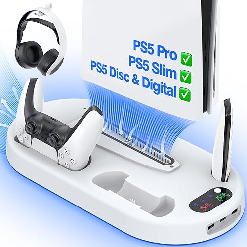 AMZDM Cooling Station PS5 Slim Stand PS5 Pro Cooling Fan with Charging Station PlayStation 5 Console Cooler with Docking Station Controller Charger