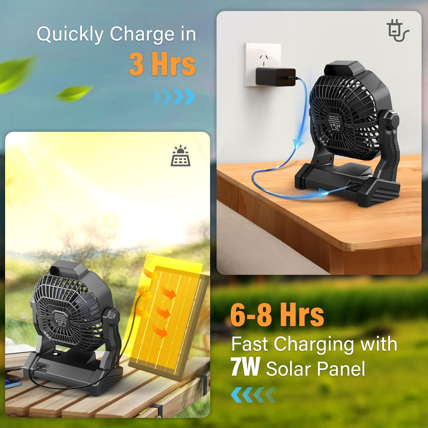 JINLICTE Solar Fan with LED Lantern, Camping Fan with 7W Solar Panel, Rechargeable Solar Powered for Outside, Quiet Battery Operated Tent for Picnic