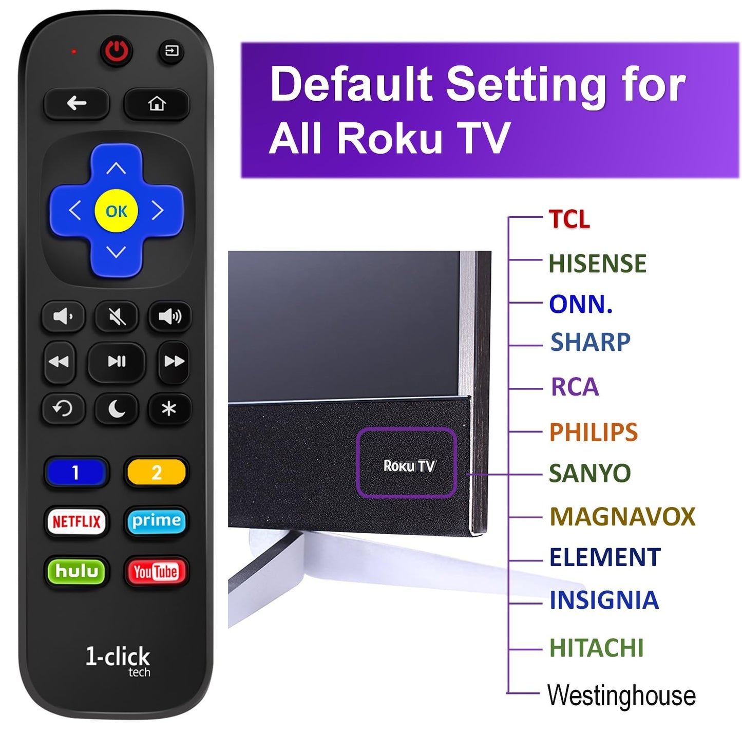 [w/Cover] 1-clicktech New Remote for Roku TV w/6 Customizable HotKeys, for TCL Hisense Onn Sharp Sanyo Hitachi Element Insignia Westinghouse Magnavox