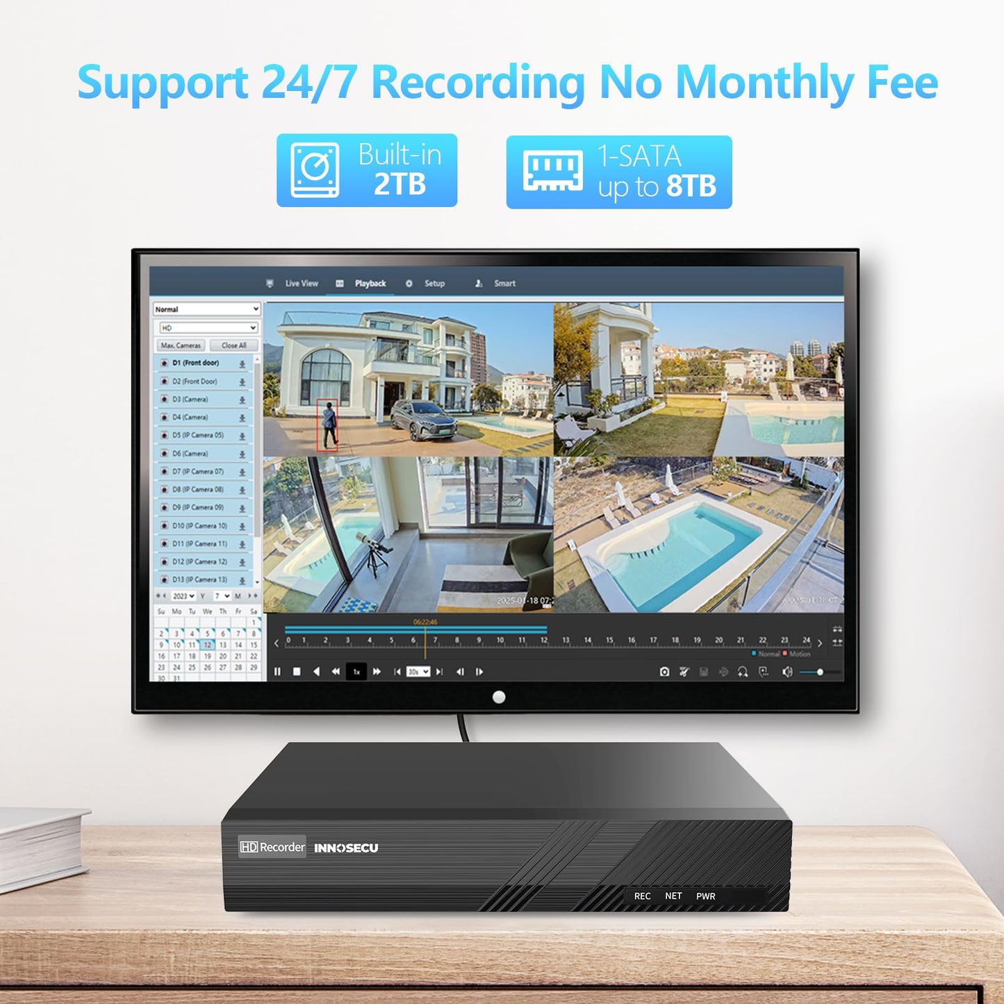 INNOSECU 8 Channel PoE NVR, 4K Network Video Recorder Works with 8MP/5MP/4MP IP Cameras, Human/Vehicle Detection, 1-SATA Up to 8TB, Pre-Install 2TB