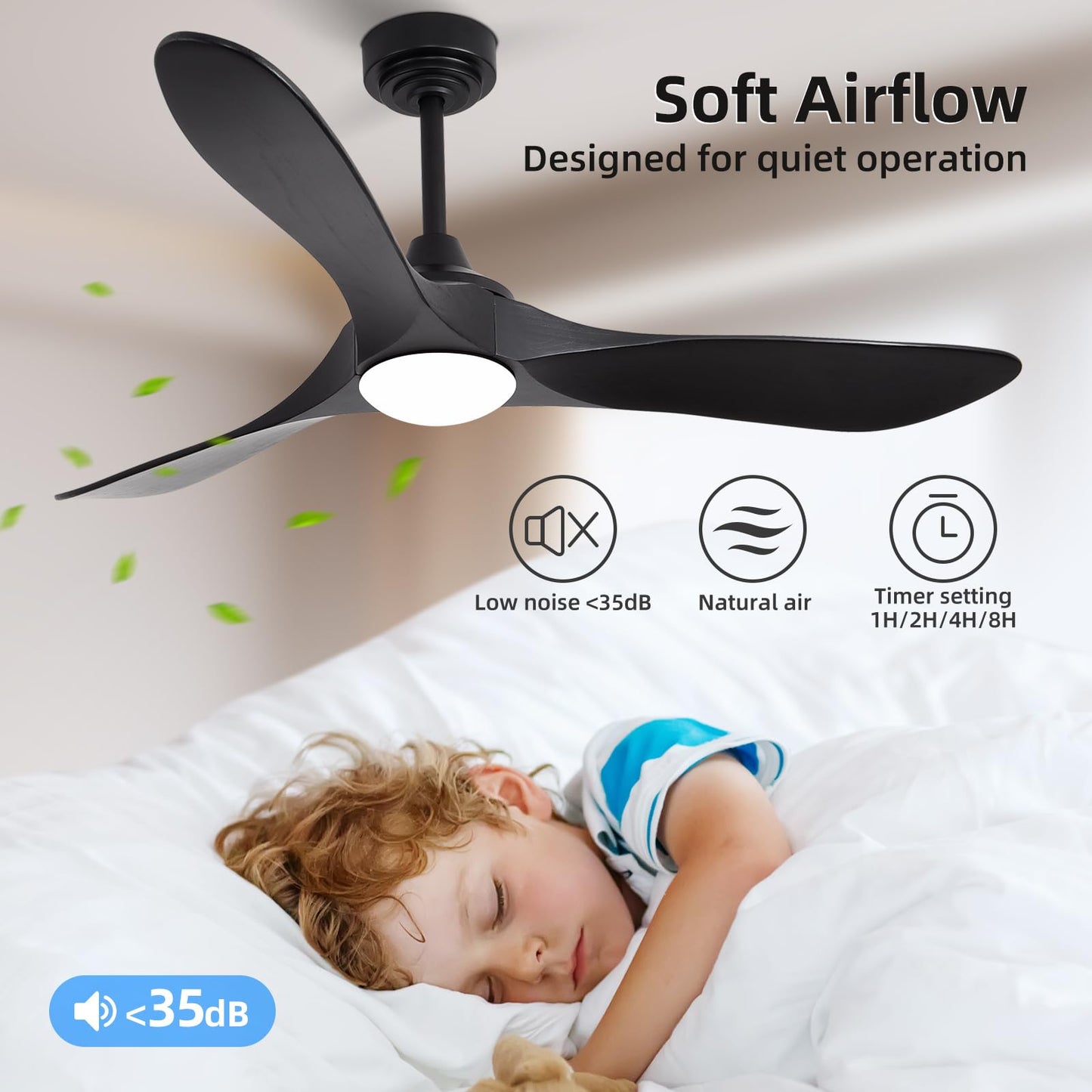 Homlit 52” Outdoor Ceiling Fan with Light and Remote via WiFi Alexa, 3 Black Solid Wood Blade, Noiseless Reversible Dc Motor, Smart Outdoor Wood