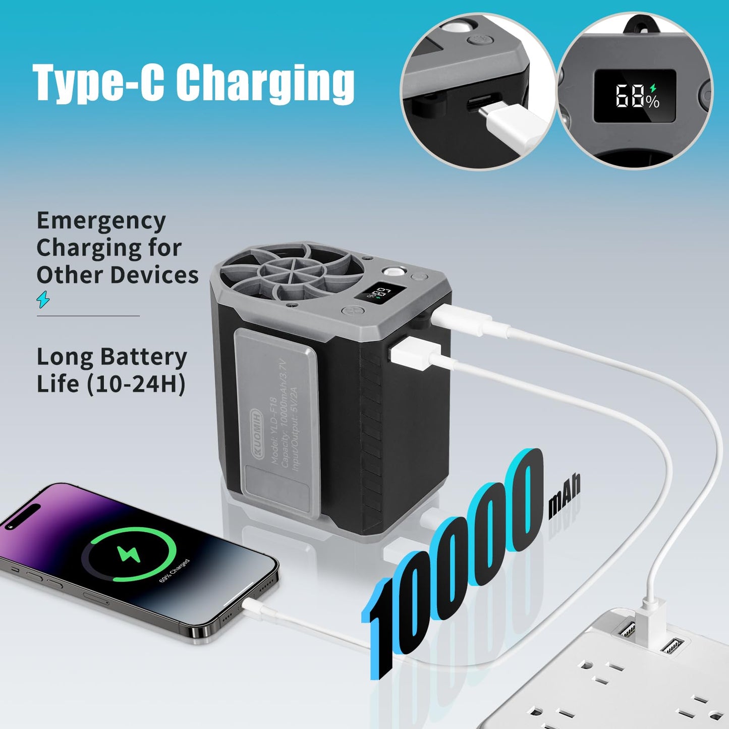 Kuomih Portable Waist Fan, 10000mAh Rechargeable Belt Clip Fan, 10000RPM 4 Speeds, 24H Working Time, Hands-Free Wearable Design for Outdoor Workers