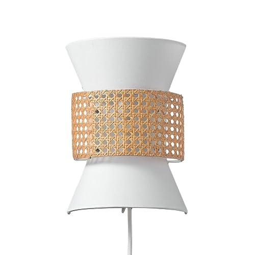 Globe Electric 65925 2-Light Plug-in or Hardwire Wall Sconce, Matte White Fabric Shade with Natural Rattan Accent, 6ft Braided Cord, in-Line Rocker