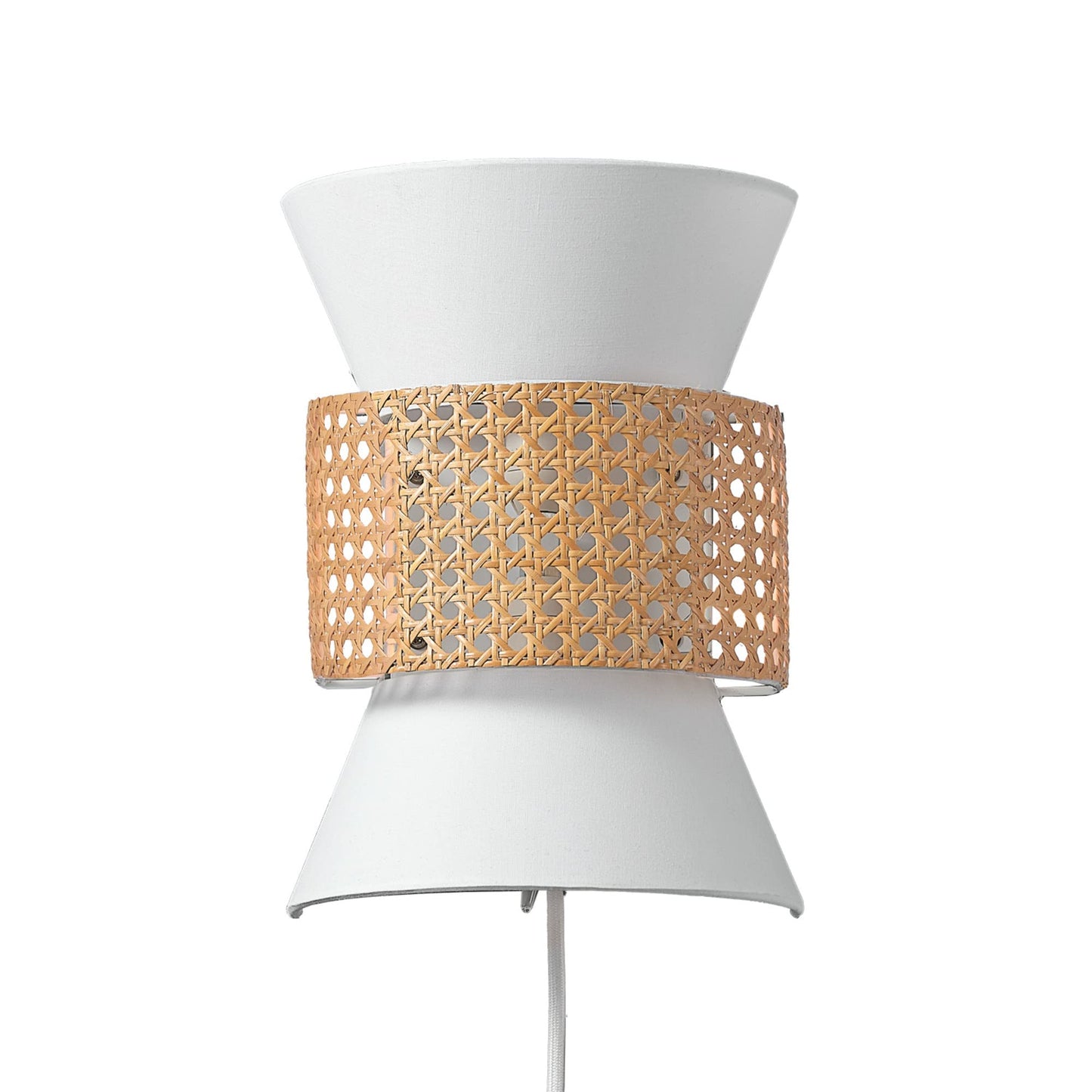 Globe Electric 65925 2-Light Plug-in or Hardwire Wall Sconce, Matte White Fabric Shade with Natural Rattan Accent, 6ft Braided Cord, in-Line Rocker