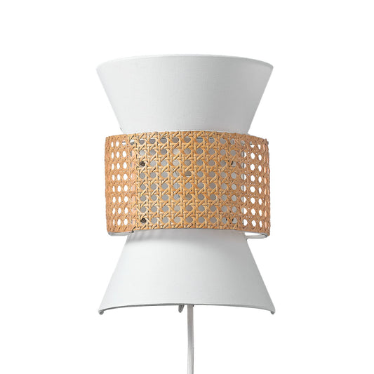Globe Electric 65925 2-Light Plug-in or Hardwire Wall Sconce, Matte White Fabric Shade with Natural Rattan Accent, 6ft Braided Cord, in-Line Rocker