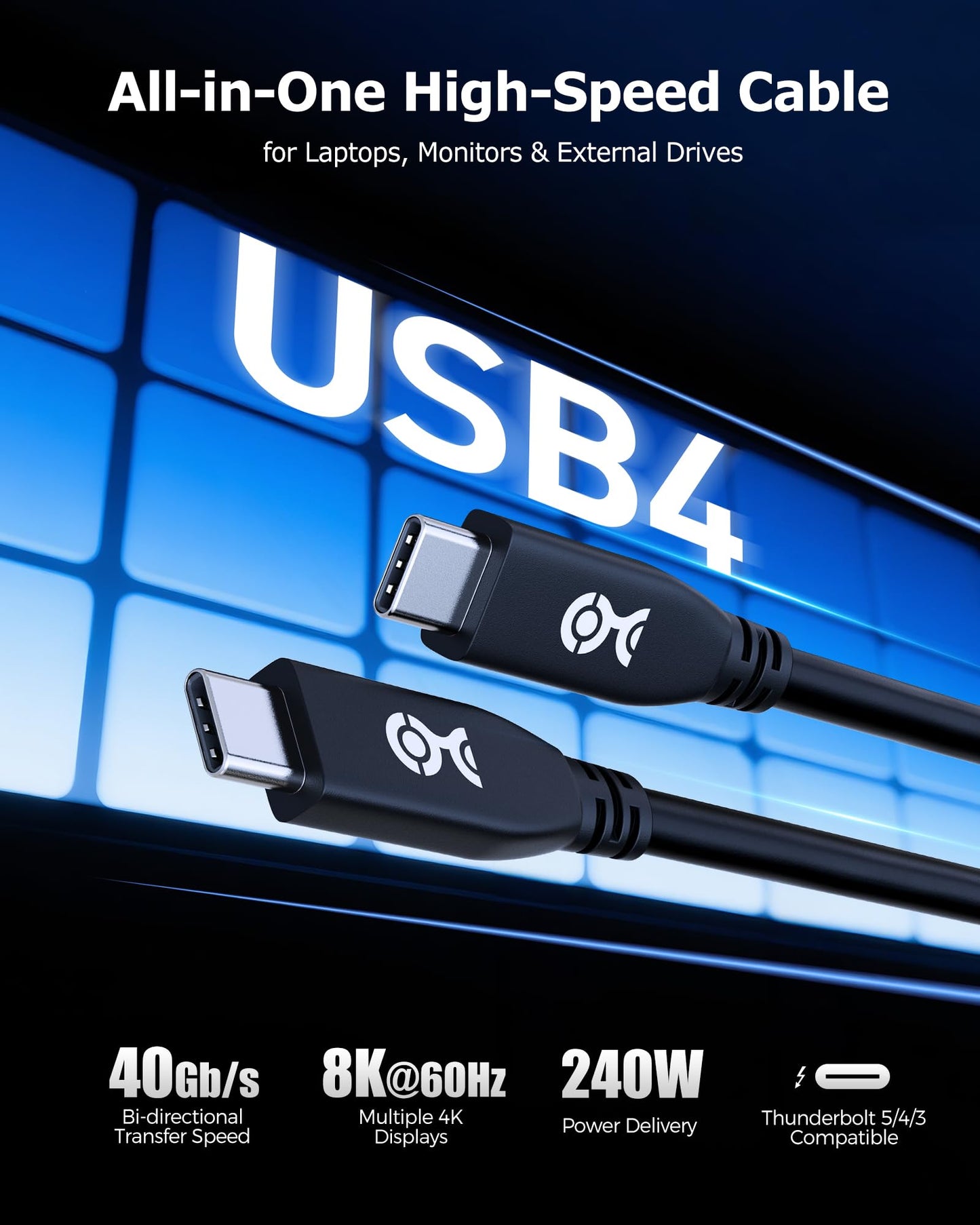 Cable Matters 40Gbps USB 4 Cable - 6.6ft, Supports Up to [8K@60Hz / 4K@240Hz Video, 240W Charging, 40Gbps Data Transfer] USB4 Cable, Black, Compatible