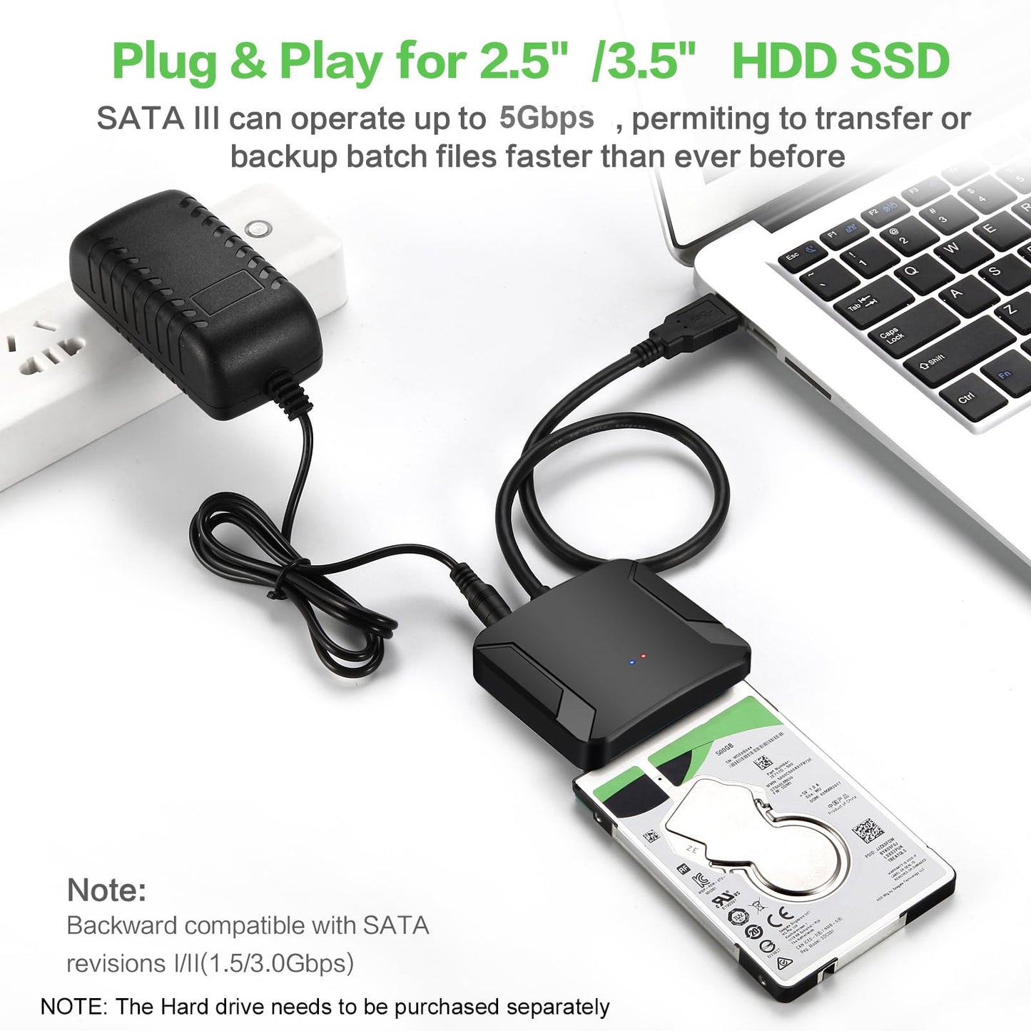 SATA to USB 3.0 Adapter, External Hard Drive Converter Cable for 2.5" 3.5" HDD, SSD with Power Supply