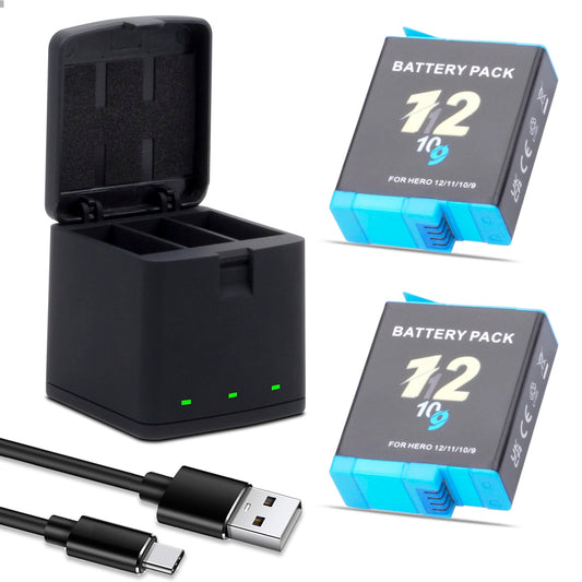 TZRONG Battery Charger Kit for Hero 12 11 10 9 Black, 2-Pack Battery + Triple Charge Case with Type-C Charging Cord for Hero 12 11 10 9 Batteries