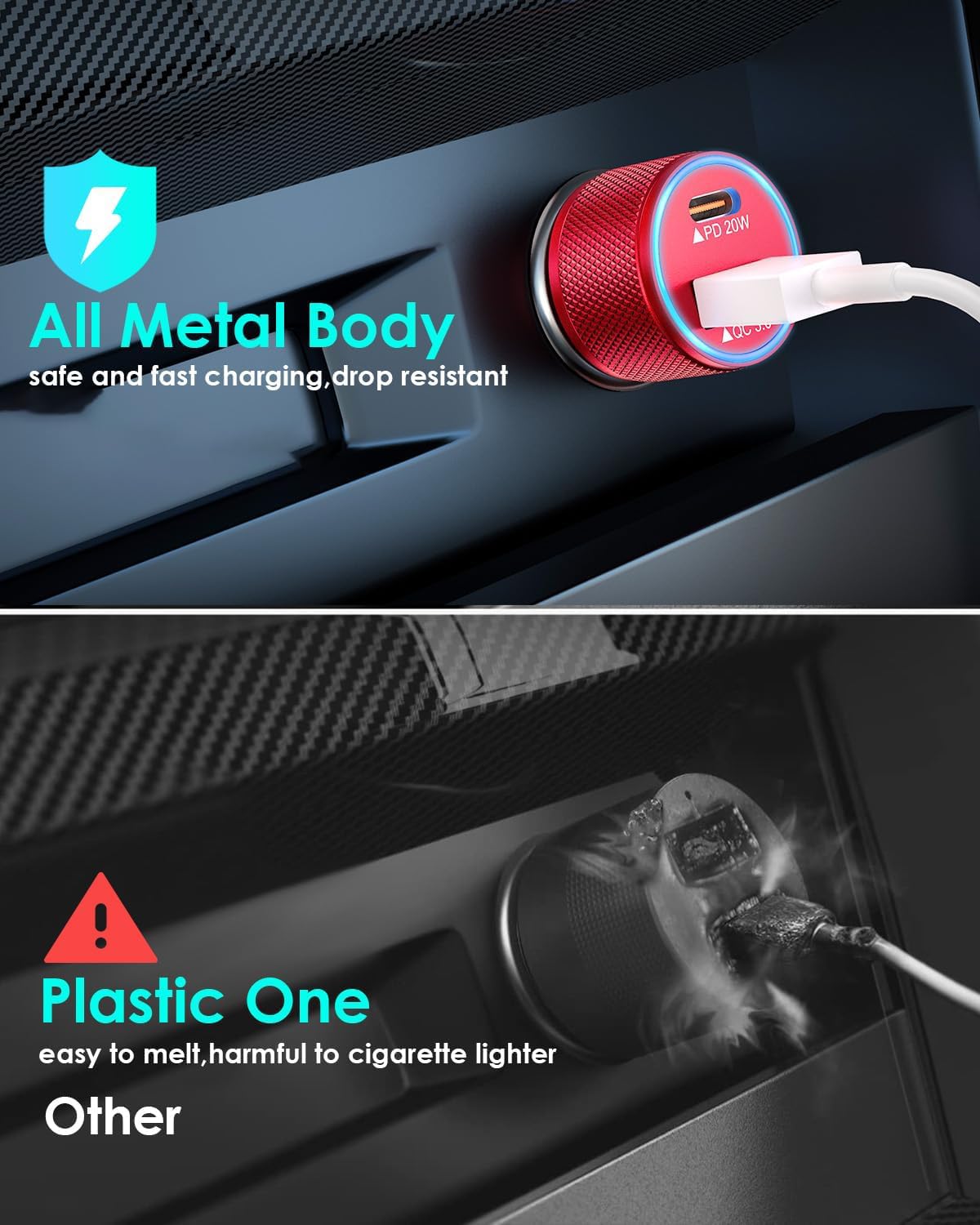2 Pack USB C Car Charger,Dual USB A & USBC Car Charger Fast Charging,PD/QC Car Phone Charger USB C Cigarette Lighter Adapter for iPhone