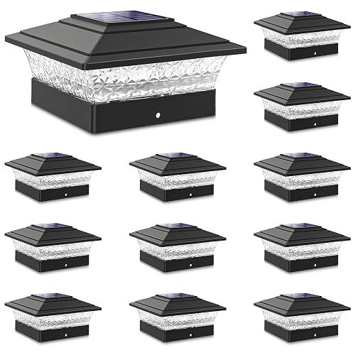Solar Post Cap Lights Outdoor 12pack, Waterproof Fence Post Lights with 16 Ultra Bright LEDs Fit 4x4 Wood/Vinyl Posts, Black Deck Post Lights