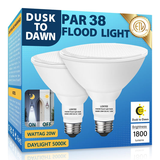 LOXYEE 2 Pack LED PAR38 Dusk to Dawn Flood Light Bulbs Outdoor ?20W(200W Equivalent) E26 Base Flood Light Bulbs,5000K Daylight 1800 Lumens LED Flood