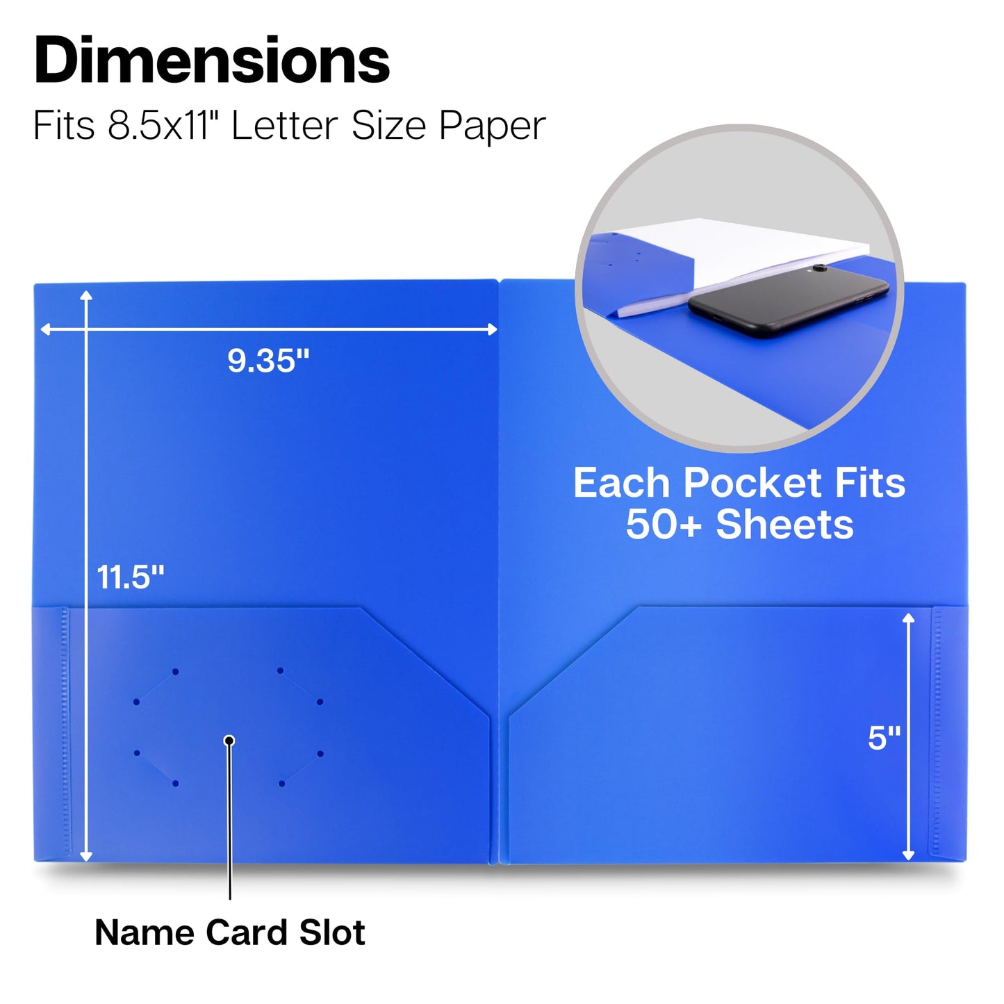Dunwell Plastic Folders with Pockets (Blue, 3 Pack), 2 Pocket Poly Folders for School, Home or Office, Durable Acid-Free Poly, Includes Removable