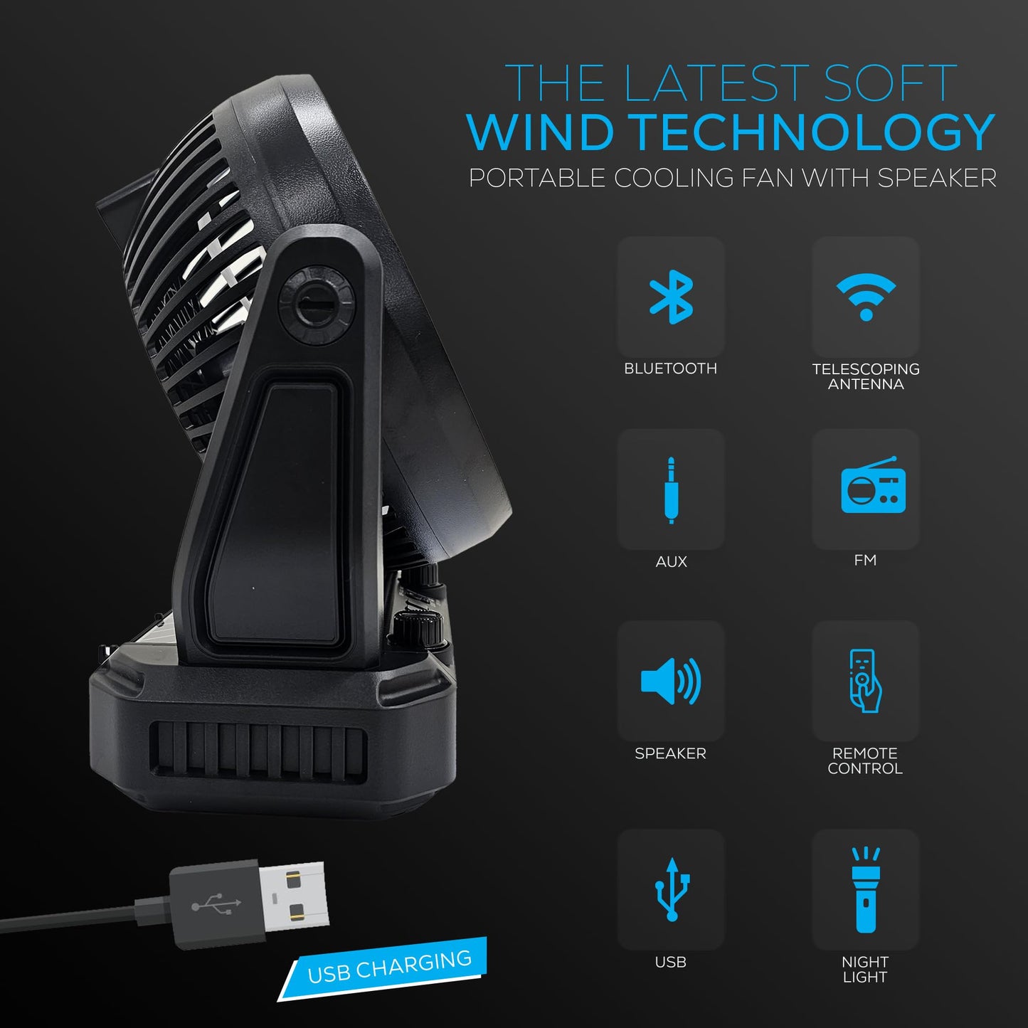 Audiobox Portable Solar Fan with Bluetooth Speaker, FM Radio, LED Light