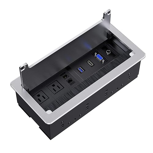 WEBANG Recessed Connectivity Box Outlet for Conference Room Table with 2AC Receptacle,2RJ45, 1USB3.0, 1HDMI, 1 VGA, 13.5mm Audio, Silver Color