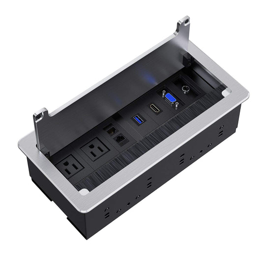 WEBANG Recessed Connectivity Box Outlet for Conference Room Table with 2AC Receptacle,2RJ45, 1USB3.0, 1HDMI, 1 VGA, 13.5mm Audio, Silver Color