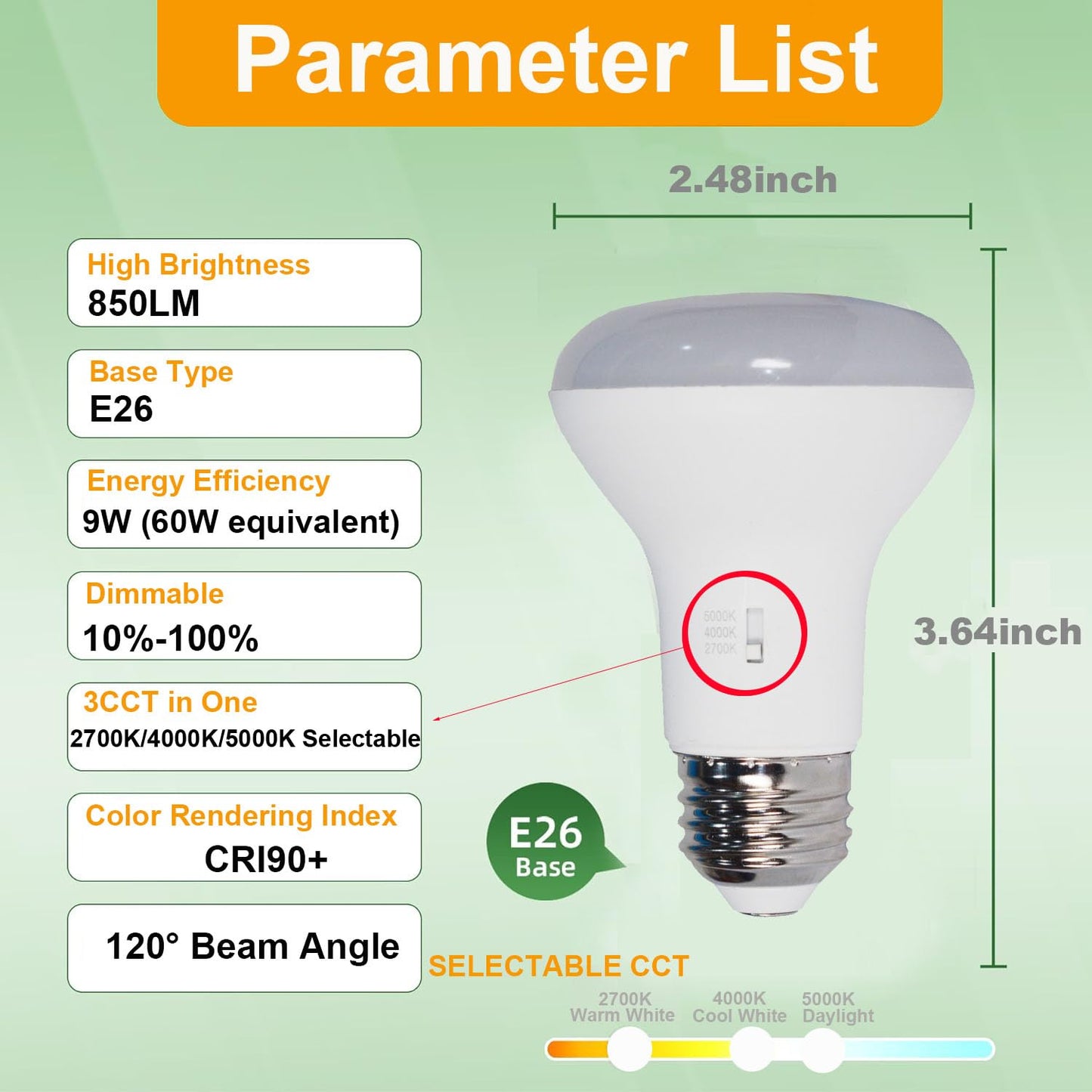 yayutelight BR20 LED Bulb 4 Pack, Dimmable, 8W=60W, 850LM R20 Flood Lights, 3CCT 2700K/4000K/5000K Selectable, Warm White,Cool White,Daylight