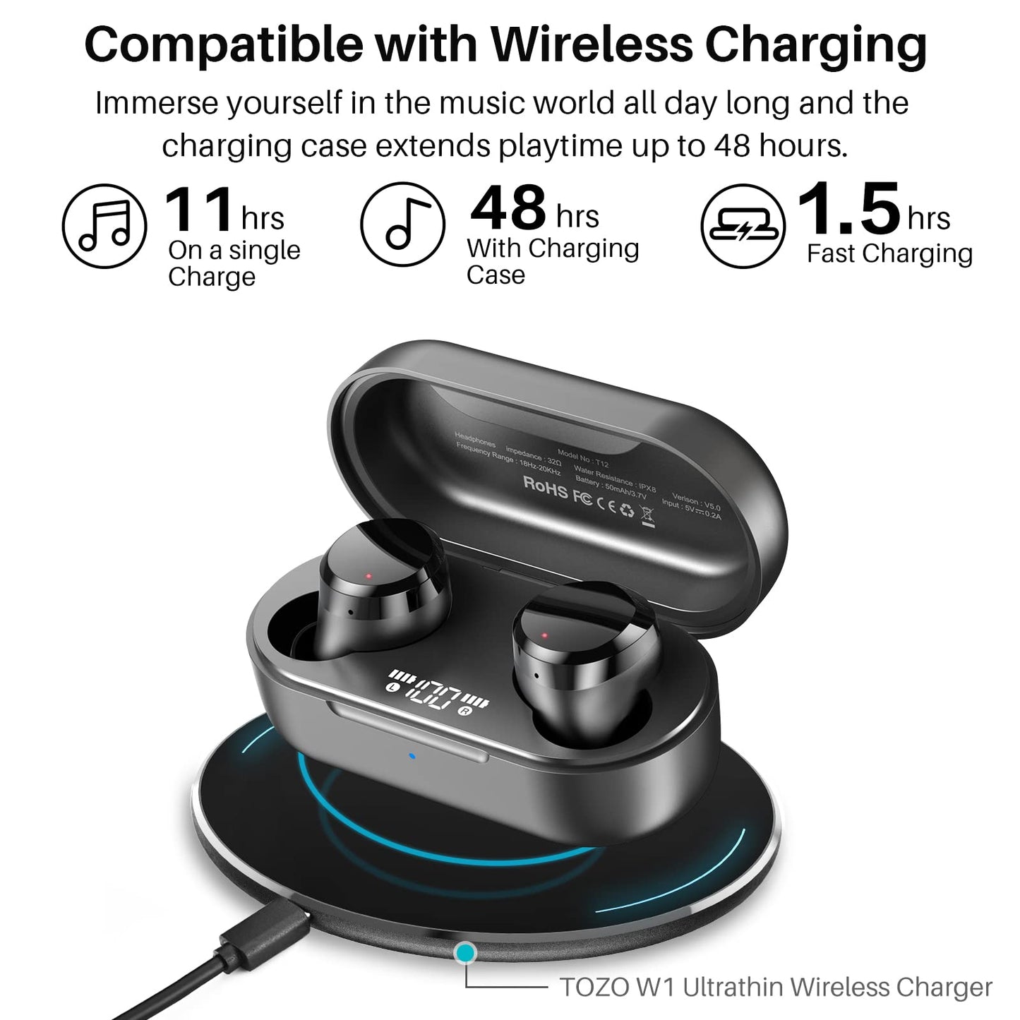 TOZO T12 Wireless Earbuds Bluetooth 5.3, LED Display Case, Deep Bass Sound