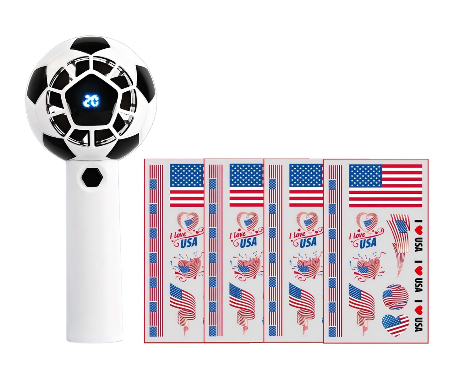 Foni Fox Handheld Mini Fan for World Cup 2026, Soccer Style Mini Fan & Stickers, 5 Speed Handheld Fan with Power Display Flashlight, Football Shaped