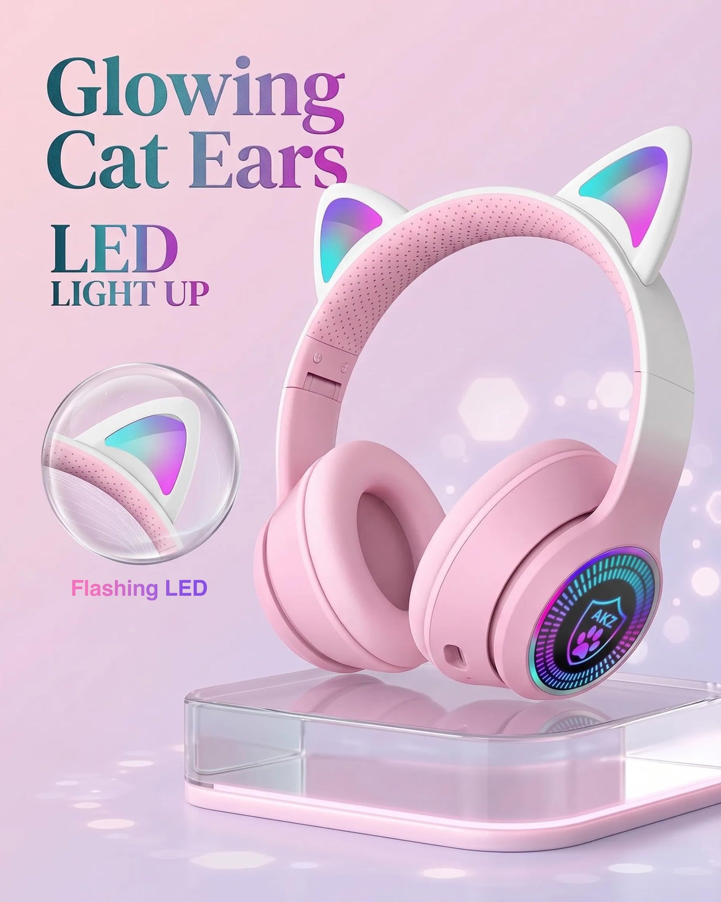 VIGROS Cat Ear Gaming Bluetooth 5.3 Wireless Foldable Headphones with LED Light, Stereo Game Surround Sound Over-Ear Headsets with Microphone AUX