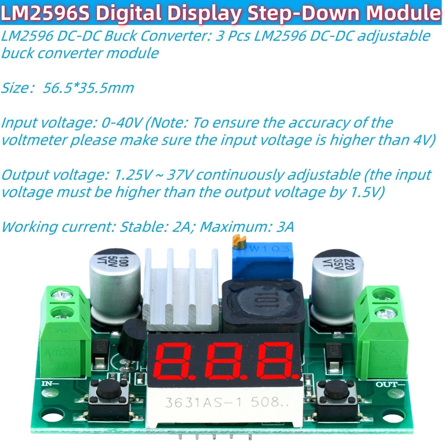 MTDELE 3Pcs LM2596 DC-DC Buck Converter Module Adjustable 4.0-40V Input Voltage Conversion 1.25V-37V Output Voltage with LED Digital Display