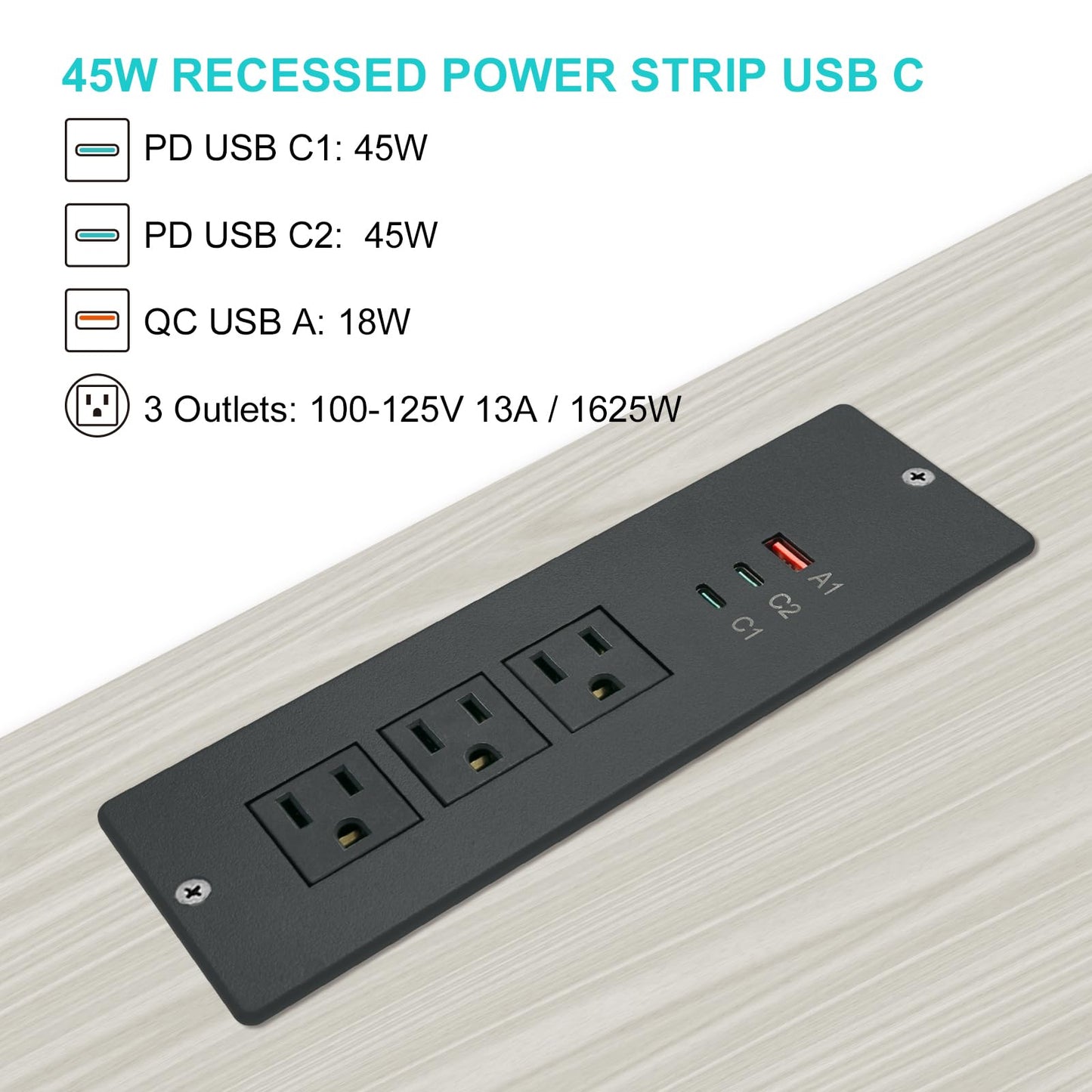 45W Recessed Power Strip USB C, Flush Mount Desk Extender 3 AC Outlets 2 PD USB-C&1 Fast Charge USB-A Ports,Flat Plug Extension Cord for Drawer
