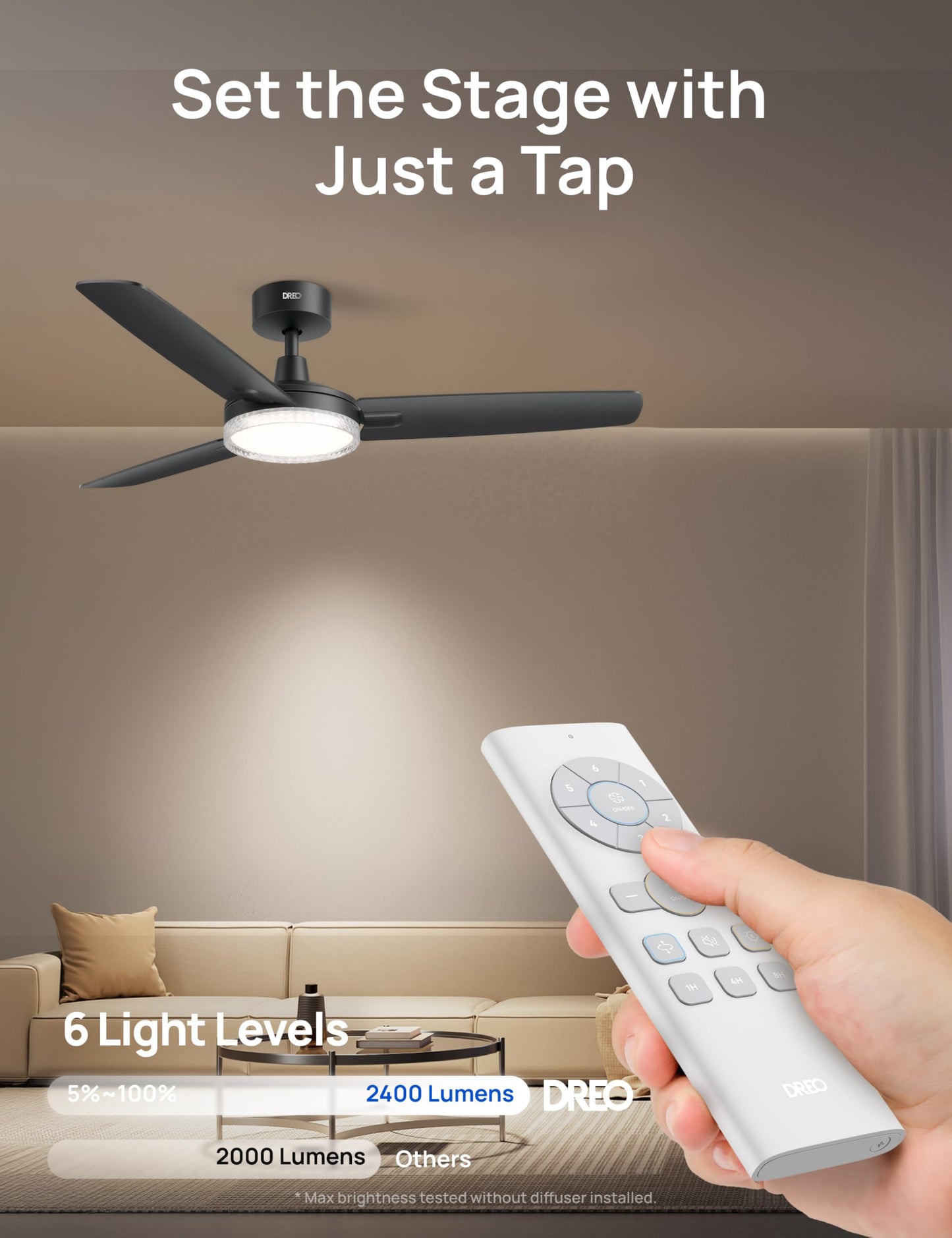 DREO 42'' Ceiling Fans with Lights, Low Profile Ceiling Fan with Light and Remote Control, Indoor Bedroom Living Room, 22dB Quiet DC Motor