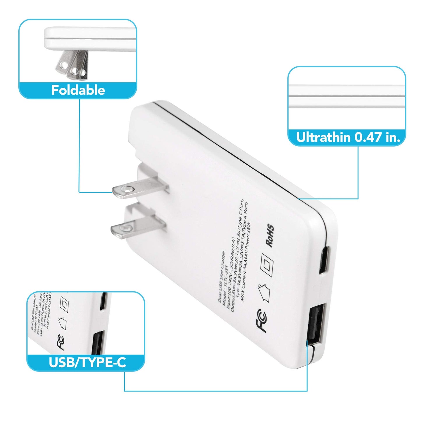 TOP-UP Flat USB Wall Charger 18W PD - Ultra Slim Dual Port USB-C & USB-A Fast Charging Adapter for iPhone 17/16/15/14/13/12 Pro Max/Air, iPad