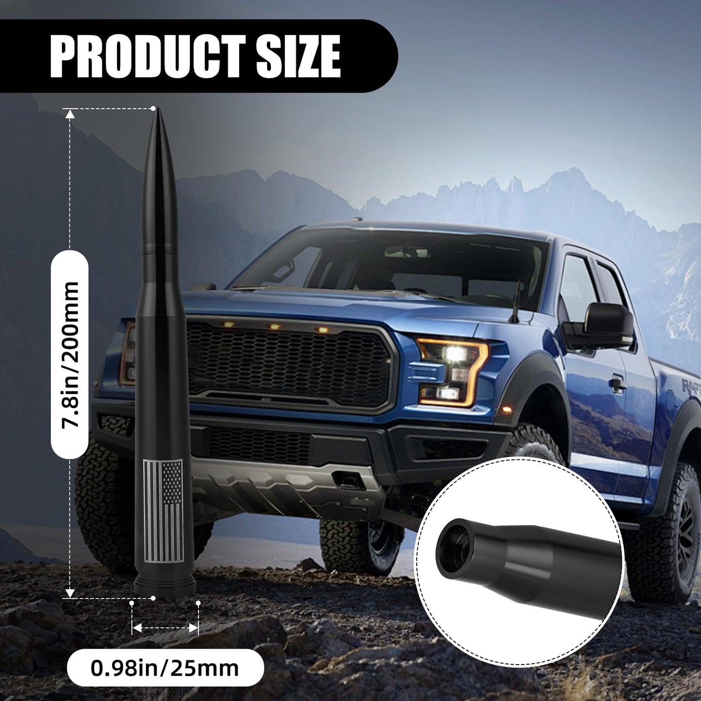 Xinhongfei Car Bullet Antenna car Exterior Accessories American Flag for Truck Radio Antenna for Truck SUV(7.8black)