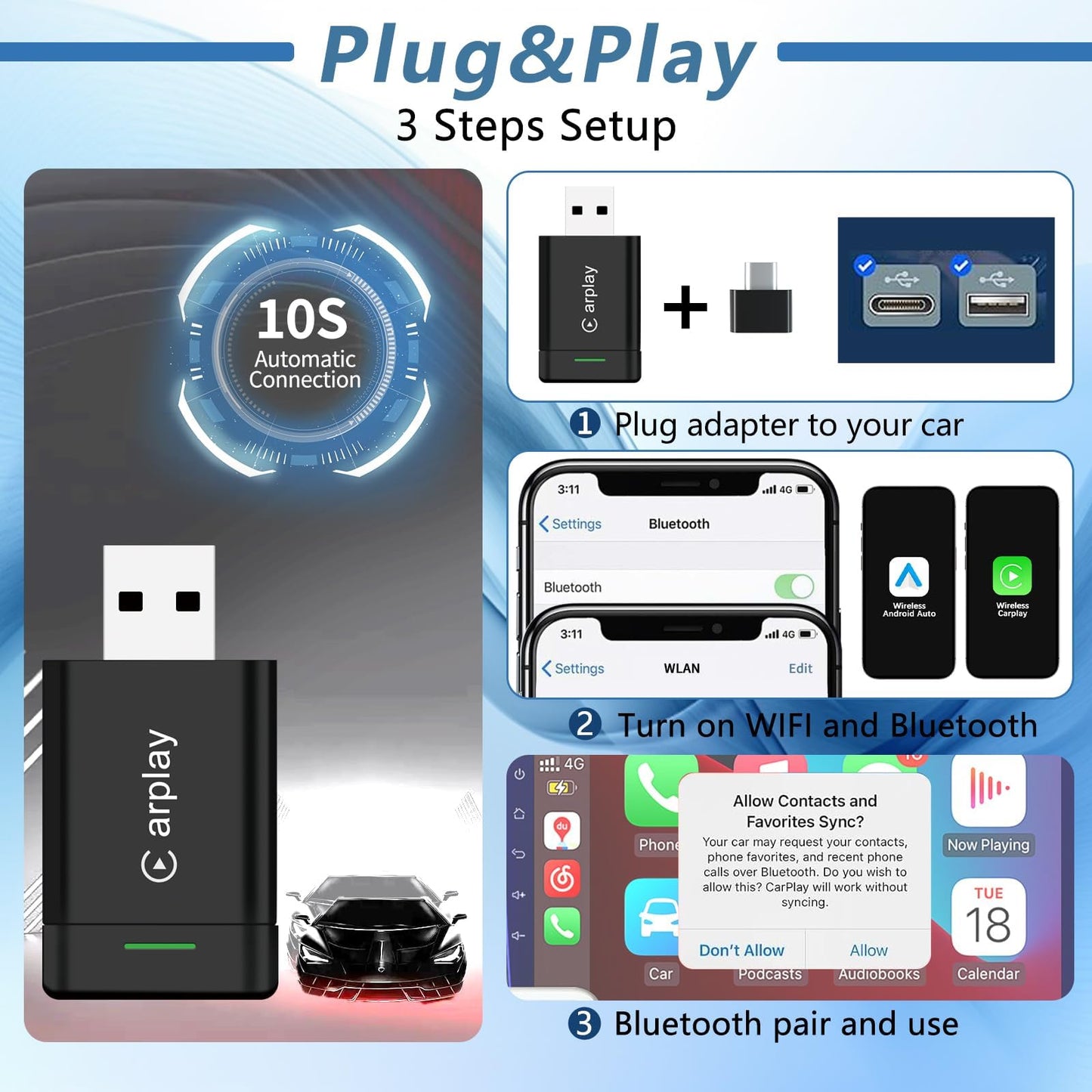 2026 Upgraded Wireless CarPlay Adapter for iPhone - Mini Wired to Wireless Dongle, Fast 5.8GHz WiFi & Bluetooth Connection, Plug & Play, Universal