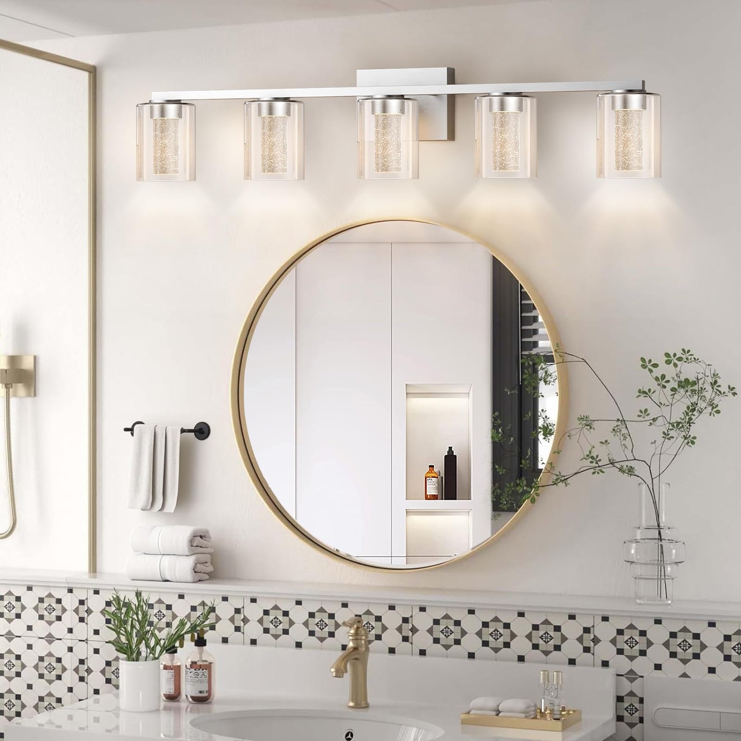 LED Modern Bathroom Light Fixtures Over Mirror, 5-Light Brushed Nickel Vanity Lights with 5 Color Modes, Dimmable Bathroom Vanity Light with Crystal