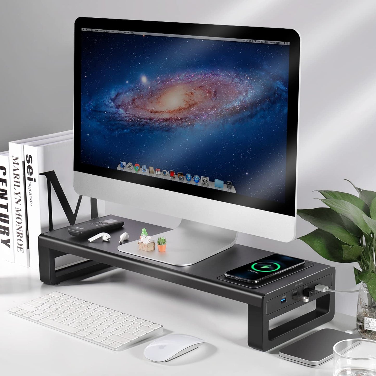 Vaydeer Wireless Charging and USB 3.0 Monitor Stand, Monitor Riser for Desk with Storage, Single Shelf Holder Raiser Organizer for Computer iMac