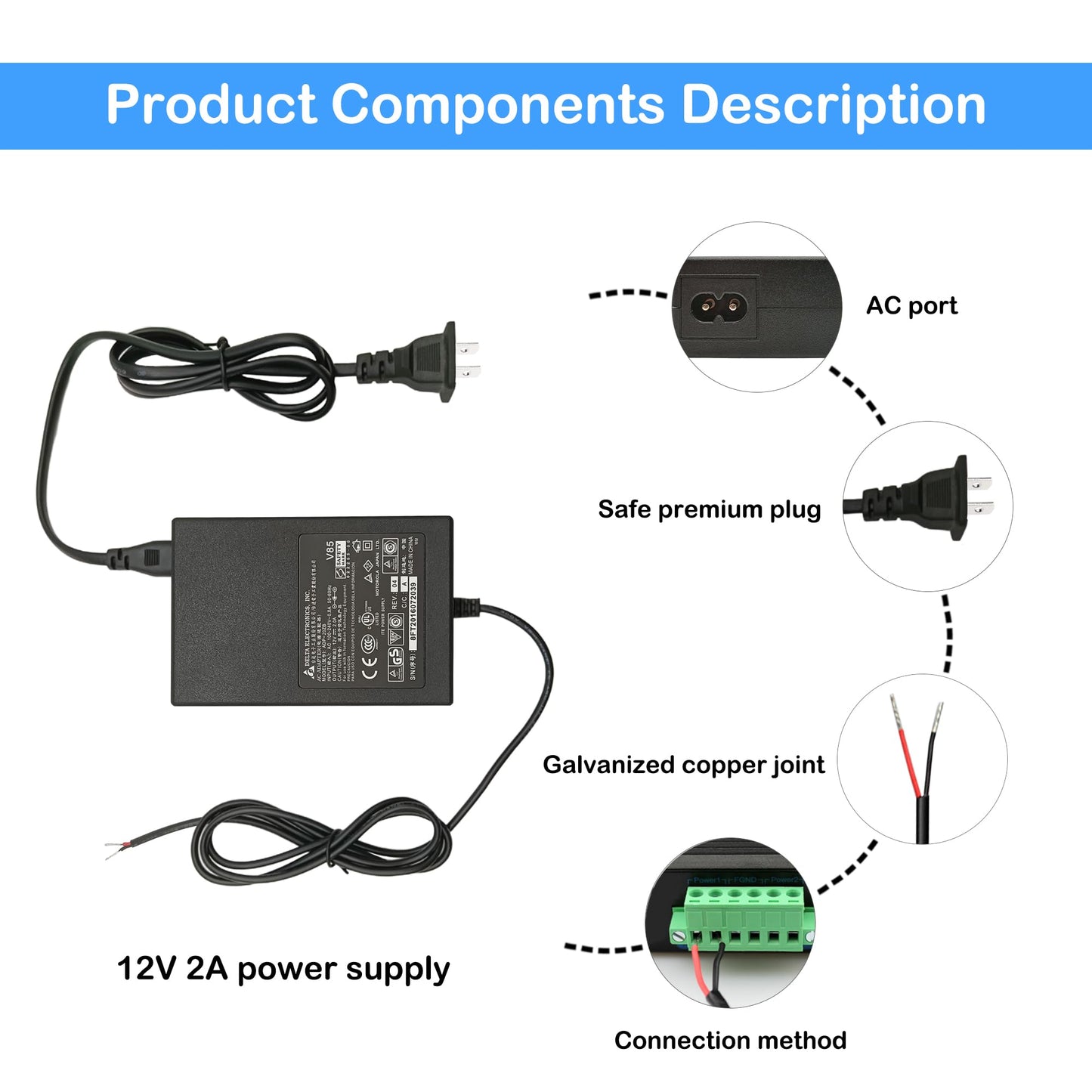 Industrial Power Adapter AC/DC Power Supply 24W 100-240V AC Input 12V/2A DC Output with 8 Ft Length Cable for Terminal Block
