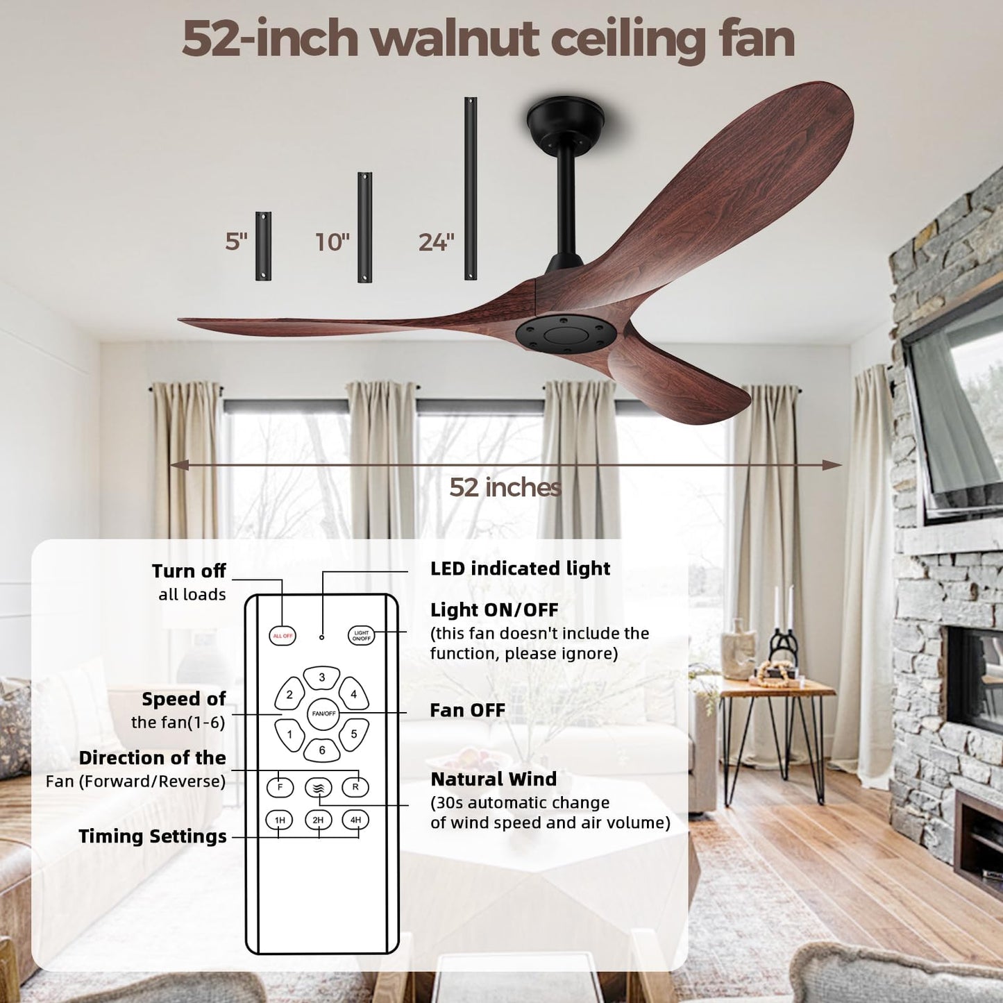 KASASS Ceiling Fan No Light, 52 in Outdoor Ceiling Fans with Remote Control without Light, 3 Blades, 6 Speed Reversible DC Motor Modern for Patios