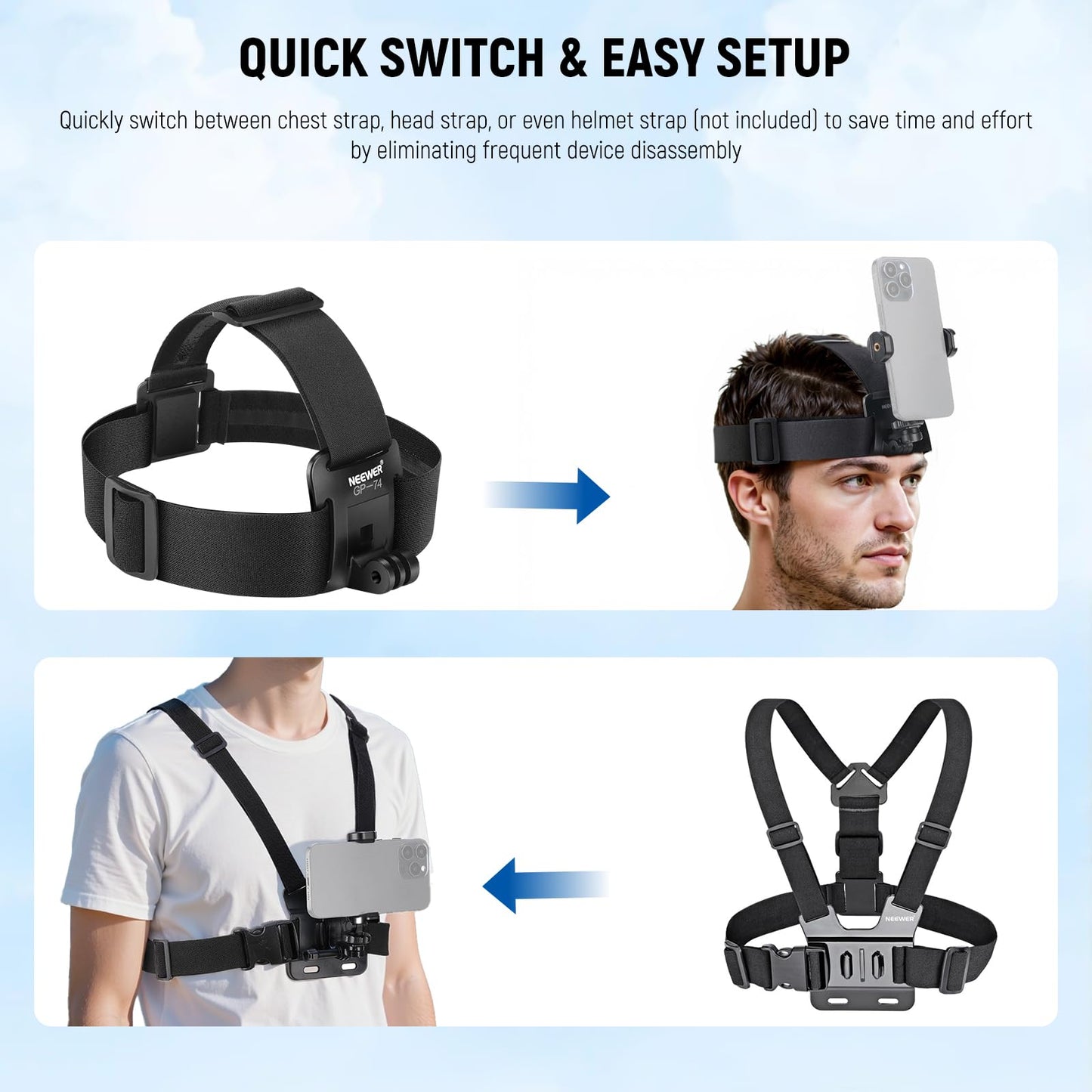 NEEWER Mobile Phone Chest Mount Head Strap Mount, Quick Release POV Vlog Accessory Kit for Video Recording, Compatible with iPhone GoPro Hero Insta360