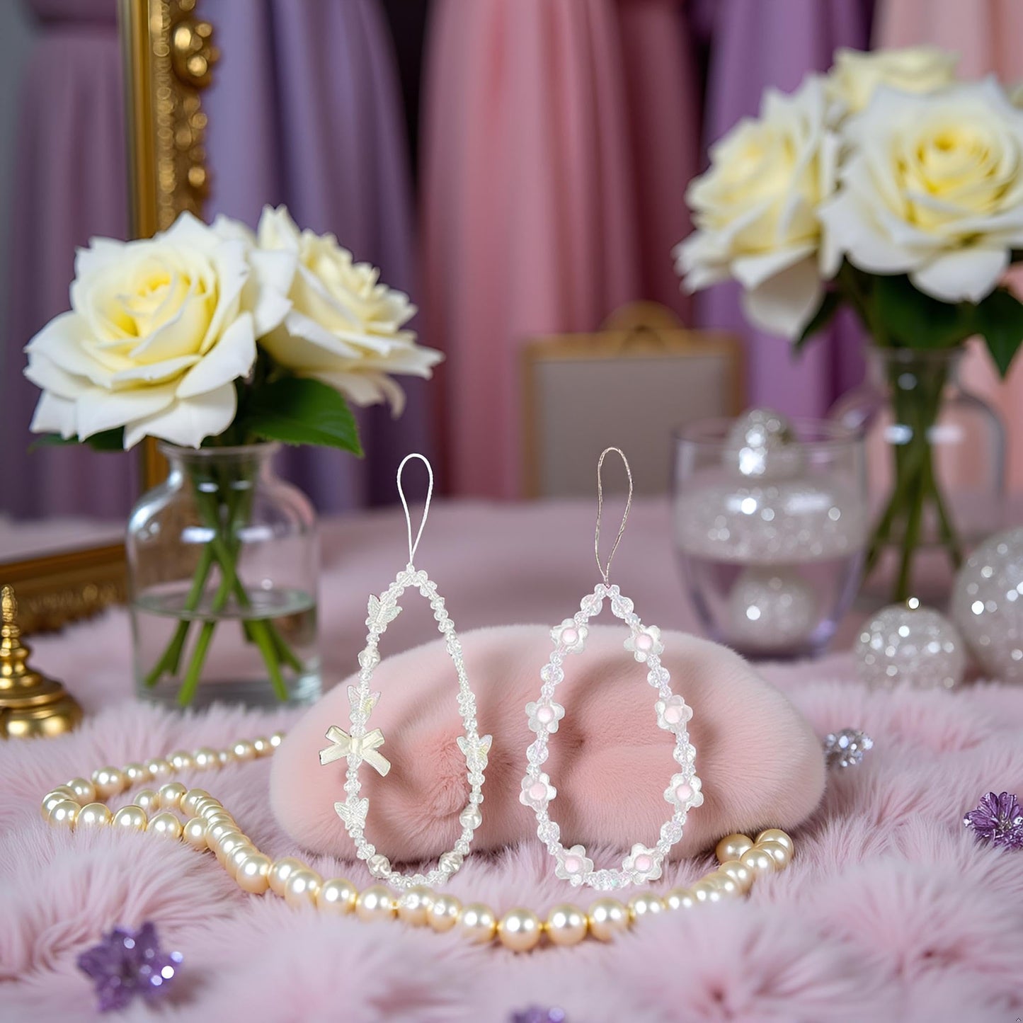 ZhangyiHot 2Pcs White and Purple Bow Beaded Phone Bracelet Strap, Crystal Butterfly Flower Pearl Phone Beaded Wrist Strap Bracelet Lanyard For Women