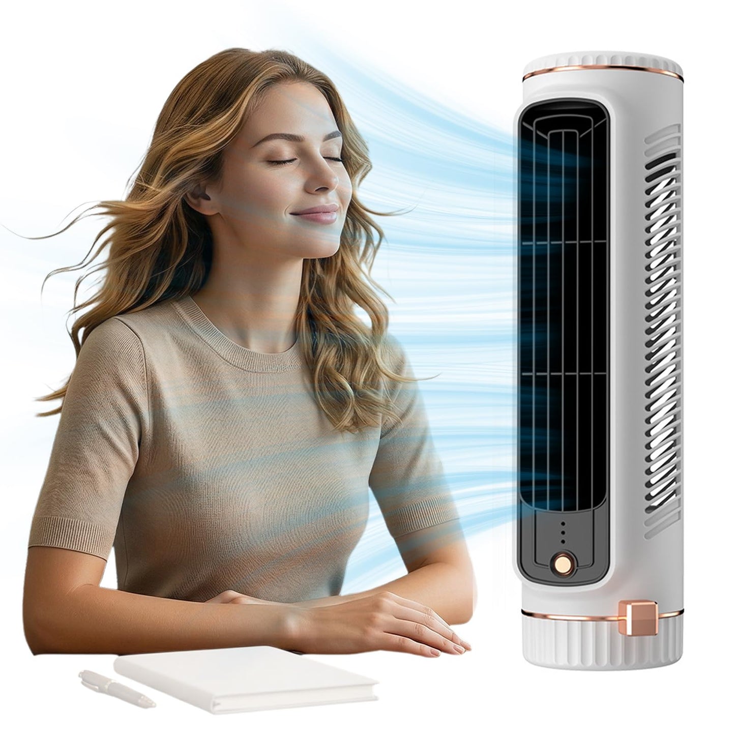 Seklirax Portable Tower Fan with 3 Speeds Desktop Cooling Fan Rechargeable Air Cooler USB Charging for Bedroom Kitchen Office Home (White)