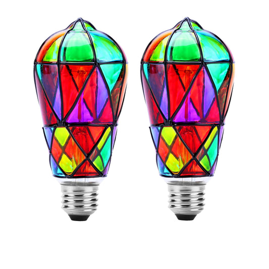 Tidorlou 2 Pack Stained Glass LED Light Bulb, Dimmable E26 Medium Base, ST64 3.5W LED Bulb for Home Party, Balcony, Garden, Christmas Halloween