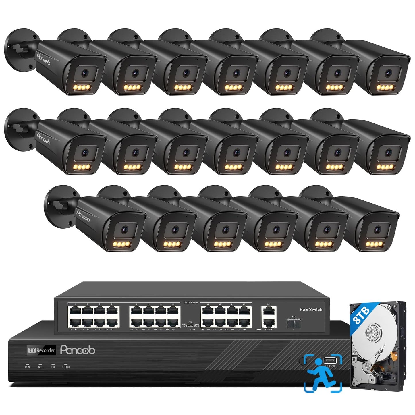 PANOOB 32 Channel Security Camera System, 20pcs 5MP PoE IP Bullet Camera, Smart Color Night Vision, 2 Way Audio Talking, AI Human Vehicle Detection