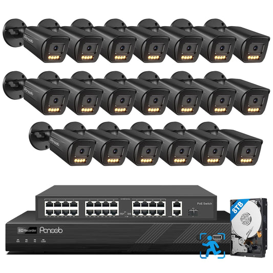 PANOOB 32 Channel Security Camera System, 20pcs 5MP PoE IP Bullet Camera, Smart Color Night Vision, 2 Way Audio Talking, AI Human Vehicle Detection